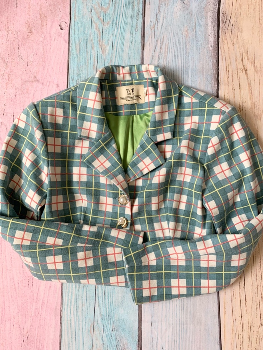 Fashion Brand Company Cropped Plaid Blazer and skirt set in Teal, White and Pink - Picture 5 of 13